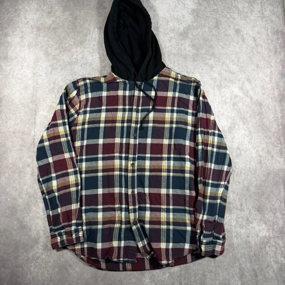 PacSun Mens XL Hooded Flannel Shirt Plaid Button Up Long Sleeve Multi Color